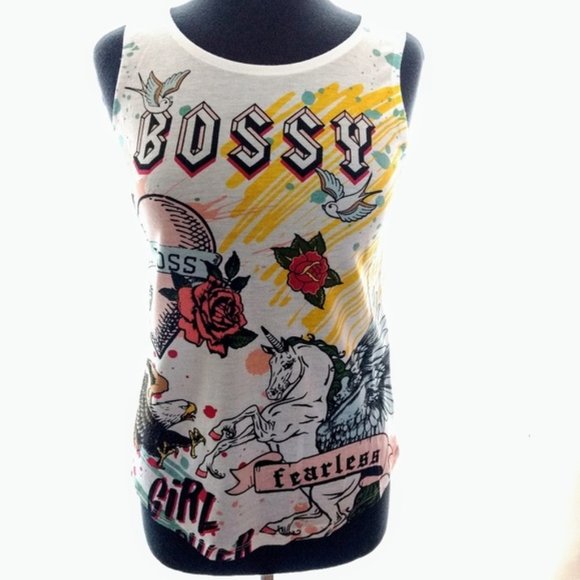 Tank Top Shirt Bossy Girl Power Fearless Unicorn Roses White Ed Hardy Look New - Picture 6 of 6